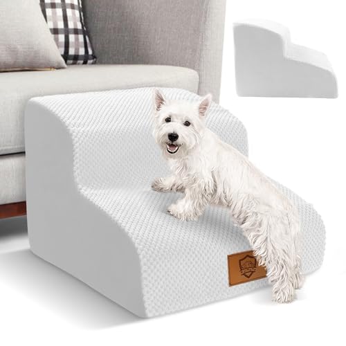 Myiosus Hundetreppe für Sofa, hochdichter Schaumstoff, Haustiertreppe für Bett, 2-stufige Hundetreppe mit rutschfestem Bezug, waschbare Hunderampenleiter für Hunde und Katzen, Weiß von Myiosus