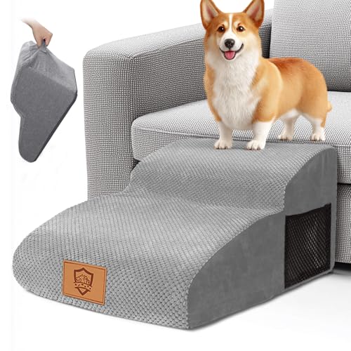 Myiosus Hundetreppe mit 2 Stufen, Rampe für Hunde, 55 x 40 x 30 cm, Tiertreppe aus Frottee für Sofa und Bett, Katzentreppe mit abnehmbarem und waschbarem Stoffbezug, grau von Myiosus