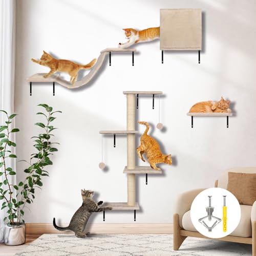Myiosus Katzen Wandmöbel, 4 Stück Holz Katzenregale Set, Wandmontage Katzen Kletterbaum mit Kratzstämmen, Sitzstangen, Stufen, Condo & Hängematte für Indoor Kleine oder Große Katzen, Beige Myiosus Katzen Wandmöbel, 4 Stück Holz Katzenregale Set, Wandmontage Katzen Kletterbaum mit Kratzstämmen, Sitzstangen, Stufen, Condo & Hängematte für Indoor Kleine oder Große Katzen, Beige von Myiosus