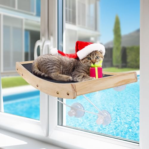 Myiosus Katzenfensterhängematte, stabiler Kätzchen-Sitz mit Holzrahmen für Sonnenbad, Katzenfensterbett, Sitzstange mit 4 Saugnäpfen, hält Haustiere bis zu 18 kg, 42 x 29 x 30 cm von Myiosus