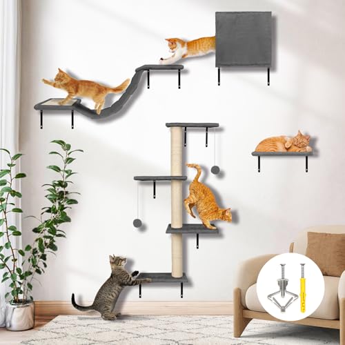 Myiosus Katzenklettergerüst Set, 4 in 1 Stabile Katzen Wandregale Möbel Set, Einschließlich Katzenregale und Sitzstangen für Wand, Katzen Kratzbäume/Haus/Brücke/Treppen/Katzenbaum für Innen, Grau von Myiosus