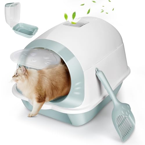 Myiosus Katzentoilette, Kunststoff-Kitty-Katzentoilette mit Deckel für kleine und mittelgroße Katzen, geschlossene kleine Katzentoilette mit Kapuze und Schaufel, 50 x 35 x 37 cm, Weiß & Blau von Myiosus