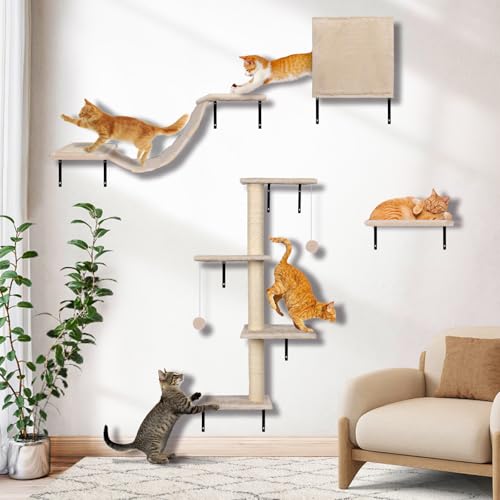 Myiosus kletterwand Katzen, Kratzbaum Wand 10-teiliges, Bequem Wandkratzbaum, Aus starken Mehrschichtplatten, Katzenmöbel mit Große Hängebrücke, Kratzsäule mit Sisal, Spielwandregal, bis 10 kg von Myiosus
