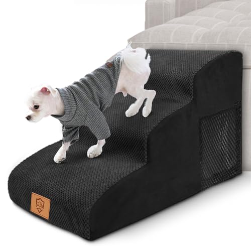 Myiosus Hundetreppe für Kleine Hunde, 3 Stufen Haustiertreppe für Bett und Sofa aus Hochdichtem Schwamm, Tragbar Hunderampe mit Abnehmbare Waschbarer Bezug, rutschfeste Katzentreppe, Schwarz von Myiosus