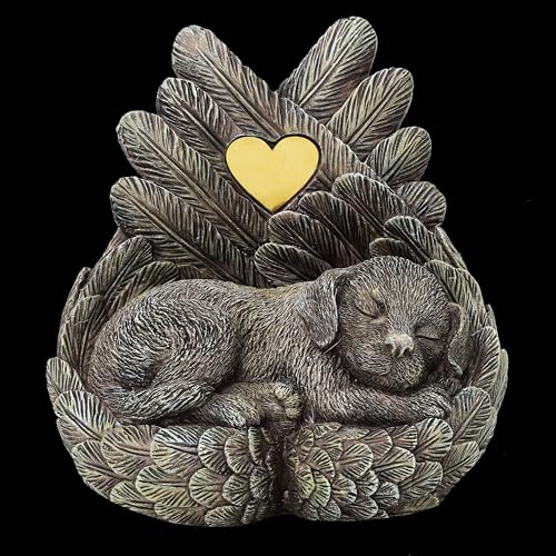 MystiCalls Hunde Urne - Hund schläft in Engelsflügel Tierurne Tier Hundeurne Urne Gedenkstätte Andenken Bestattung (1,65l Fassungsvolumen) von MystiCalls