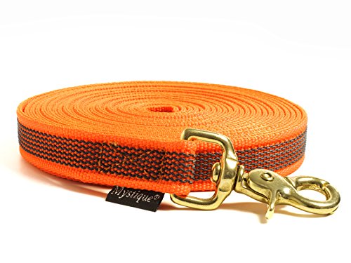 Mystique® Gummierte Schleppleine 20mm mit Handschlaufe Messing Scherenkarabiner neon orange 10m von Mystique