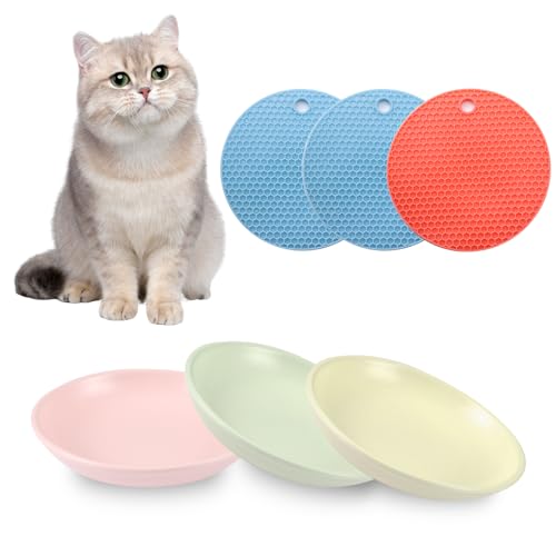 3 Stück Katzennapf Flach,Fressnapf Katze,Katzennäpfe,Breite Flache Futterschale,Futternäpfe für kleine Haustiere mit Rutschfester Matte Katzennäpfe,füR KäTzchen (Rosa+Grün+Gelb) von Mythosurge