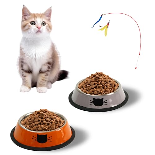 Katzennapf 2er Set + Katzenspielzeug, Futternapf Katze, Edelstahl-katzennäpfe,Katzenschüssel, Fressnapf Katze, Wasser Fütterung Schüssel, für Katzen und kleine Hundetiere (Orange + Grau) von Mythosurge