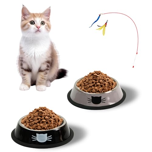 Katzennapf 2er Set + Katzenspielzeug, Futternapf Katze, Edelstahl-katzennäpfe,Katzenschüssel, Fressnapf Katze, Wasser Fütterung Schüssel, für Katzen und kleine Hundetiere (Schwarz + Grau) von Mythosurge