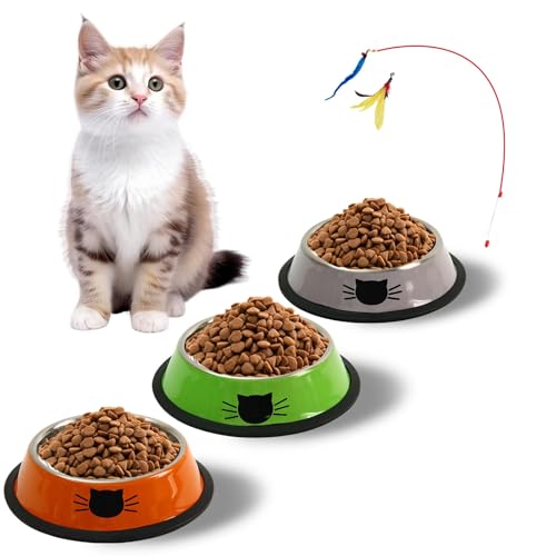 Katzennapf 3er Set + Katzenspielzeug, Futternapf Katze, Edelstahl-katzennäpfe,Katzenschüssel, Fressnapf Katze, Wasser Fütterung Schüssel, für Katzen und kleine Hundetiere (Orange + Silber + Grün) von Mythosurge