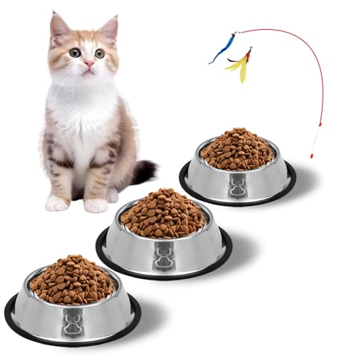 Katzennapf 3er Set + Katzenspielzeug, Futternapf Katze, Edelstahl-katzennäpfe,Katzenschüssel, Fressnapf Katze, Wasser Fütterung Schüssel, für Katzen und kleine Hundetiere (Silberner 3 Stück) von Mythosurge