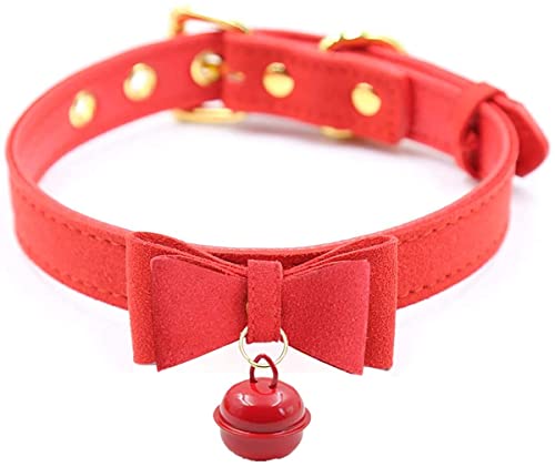 N/A/A Lolita Damen-Halsband mit Schleife und Glöckchen und Katze, PU-Leder, rote Glocke von N/A/A