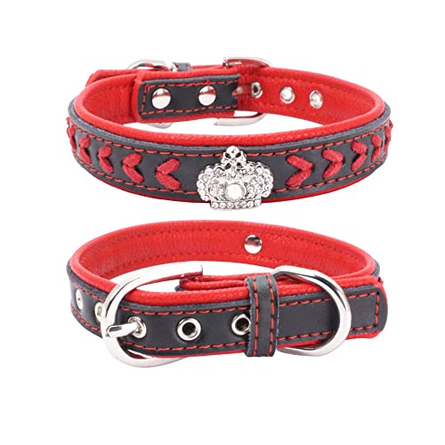 Hundehalsband, geflochten, weich gepolstert, aus echtem Leder, Strass-Krone & stilvolles geflochtenes Hundehalsband, passend für kleine, mittelgroße und große Rassen (M:29-38cm, Rot) von N\A