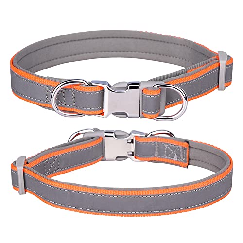 Reflektierendes Nylon-Hundehalsband mit Sicherheitsschnalle, verstellbare Haustierhalsbänder mit weicher Neoprenpolsterung für kleine/mittlere/große Hunde (M fit Halsumfang 31-50cm, Orange) von N\A
