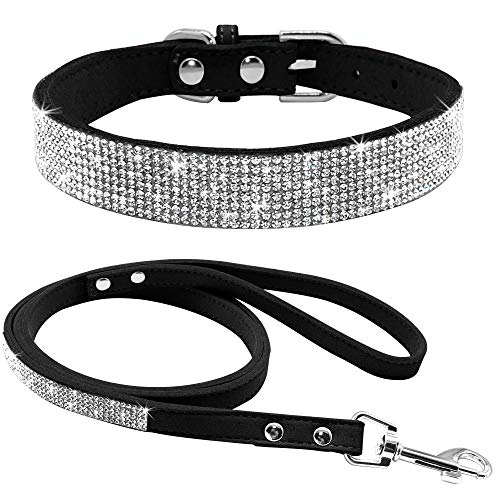 Strass-Hundehalsband, niedlich, schillernd, funkelnd, weiches Samtleder, Hundehalsband und Leine, Set für kleine Haustiere, Hunde, Katzen, Welpen, Halsband (L: 38-46 cm, schwarz) von N\B