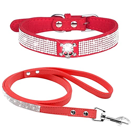 Strass-Hundehalsband, niedliches schillernd, funkelndes, weiches Samt-Leder-Hundehalsband und Leine-Set für kleine Haustiere, Hunde, Katzen, Welpenhalsband (S:27-33 cm, Rot-5) von N\B