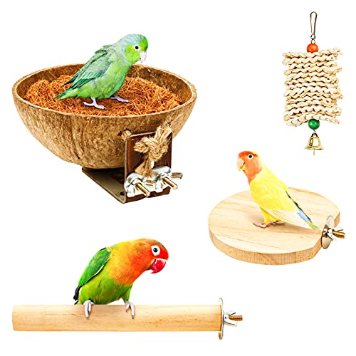 NC Vogelnest-Set aus natürlicher Kokosnuss, toller Vogelspielplatz, Vogelkäfig-Zubehör, Vogelspielzeug inklusive Sitzstangen für Vögel, Vogelsitzbrett, Vogel-Kauspielzeug für Wellensittiche, Nymphe von NC