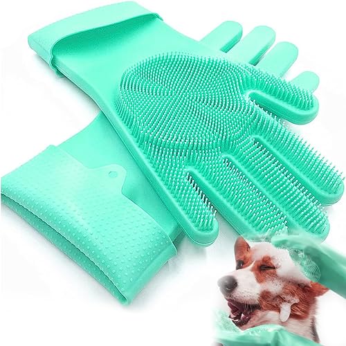 XFLYP Haustier Grooming Handschuhe, Pflegehandschuhe Katzen aus Silikagel Handschuh Bürste Katze, Aufhängbares Design, Baden und Massieren für Hunde und Katzen (Grün) von XFLYP