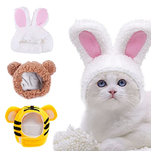 Nett Haustier Hut TAIZER 3PCS Bunny Hat Cat Hasenhut für Katze Einstellbar Haustier Kopfbedeckung Hasenhasenhut mit Ohren Katze Kleine Hunde Haustierhut Niedliche Kopfschmuck Lustige Mütze Partykostüm von TAIZER