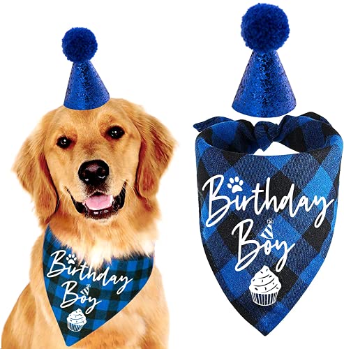 easycozy Hundehalstuch, klassisch, blau, kariert, für Haustiere, Geburtstagsparty-Hut, Zubehör, Jungen, Hunde, Geburtstag, Bandana, Lätzchen für Haustier, Geburtstag, Outfit, Partyzubehör-Set von N\C