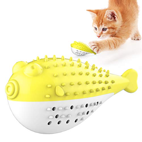 NW Puffer Fischform Katze Zahnbürste Sound Spielzeug Verbessern Intelligenz Zähne Reinigung Schleifen Katzenminze Kill Time Scratcher Haustier Produkt Haustier Spielzeug (Gelb) von N\W