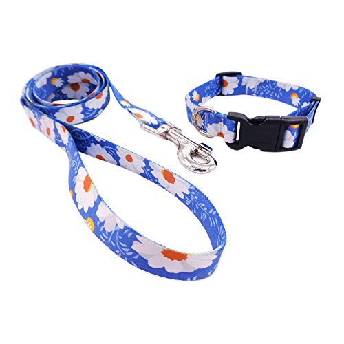 N-A Hundehalsband und Leine aus weichem Gurtband in schönem Muster bedruckt, für kleine, mittelgroße und große Hunde im Freien (Gänseblümchen, L (Halsumfang: 38,9–63 cm) von N-A