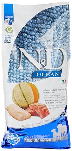 Farmina N&D Ocean Adult Medium Pellets Hundefutter (Trockenfutter, mit hochwertigen Vitaminen und natürliche Antioxidantien, ohne Mais, Zutaten: Lachs, Kabeljau und Melone, Portionsgröße: 12 kg) von N&D