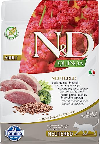 Farmina N&D Quinoa Adult Pellets Katzenfutter(Trockenfutter, mit hochwertigen Vitaminen und natürliche Antioxidantien, ohne Mais, Zutaten: Ente, Brokkoli und Spargel, Portionsgröße: 300 g) von N&D