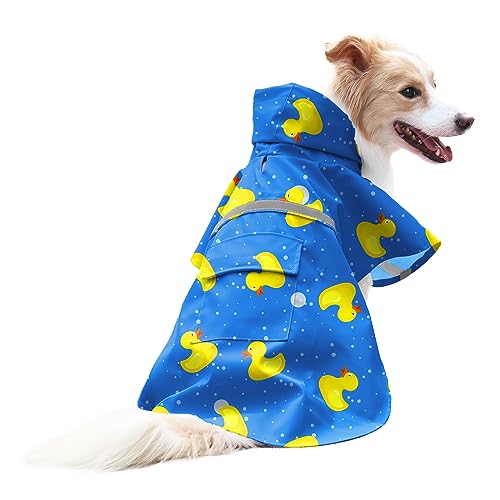 NACOCO Regenmantel für große Hunde, verstellbar, Gummi-Enten, gelb, wasserdicht, leichte Regenjacke, Poncho-Kapuzenpullover mit Streifen, reflektierend, Blau (Blau, Größe 2XL, gelbe Ente) von NACOCO