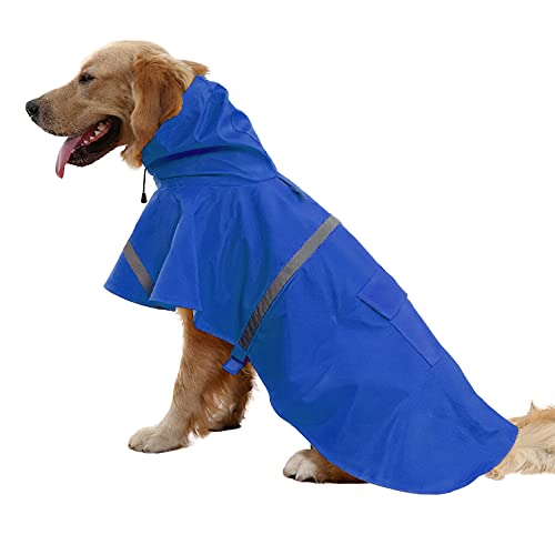NACOCO Großer Hunde-Regenmantel, verstellbar, wasserdicht, leicht, Regenjacke, Poncho, Kapuzenpullover mit reflektierendem Streifen, Größe M, Blau von NACOCO