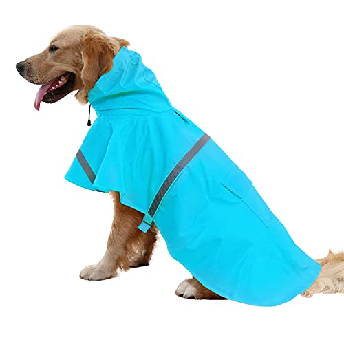 NACOCO Großer Hunde-Regenmantel, verstellbar, wasserdicht, leicht, Regenjacke, Poncho, Kapuzenpullover mit reflektierendem Streifen (Größe XXL, Seeblau) von NACOCO