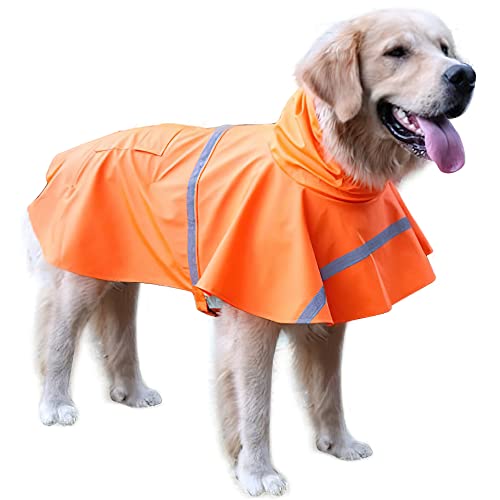 NACOCO Großer Hunde-Regenmantel, verstellbar, wasserdicht, leicht, Regenjacke, Poncho, Kapuzenpullover mit reflektierendem Streifen (L, Orange) von NACOCO