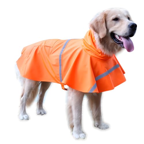 NACOCO Großer Hunde-Regenmantel, verstellbar, wasserdicht, leicht, Regenjacke, Poncho, Kapuzenpullover mit reflektierendem Streifen (XXXL, Orange) von NACOCO