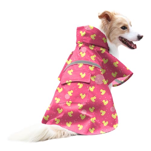NACOCO Regenmantel für große Hunde, verstellbar – Gummi-Enten, gelb, wasserdicht, Kleidung, leichte Regenjacke, Poncho-Kapuzenpullover mit Streifen, reflektierend, Rosa (Rosa, Größe 2XL, gelbe Ente) von NACOCO