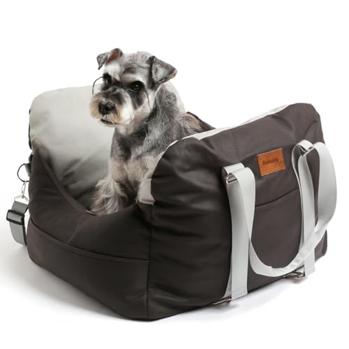NAHANGPET Leath-Aire Hundeautositz, kratzfest, wasserdicht, Sitzerhöhung mit Aufbewahrungstaschen und Sicherheitsleine, tragbares Hunde-Reisebett bis zu 11,3 kg (Schwarz/Grau) von NAHANGPET
