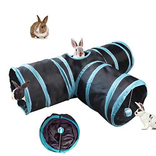 NANEEZOO Bunny Tunnel 3-Wege-Falttunnel für Kaninchenversteck, Kleintier-Aktivitätsrohr, Spielzeug für Zwergkaninchen, Meerschweinchen, Chinchilla, Frettchen und Kätzchen (Blau) von NANEEZOO