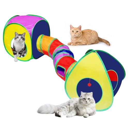 NANEEZOO Katzentunnel große - Katzenspielzeug 3 in 1 Faltbare Katzen Tunnel mit Aufbewahrungstasche Interaktives Katzen Spielzeug 3 Wege Spieltunnel - für Katze Welpen Kaninchen (Regenbogen) von NANEEZOO