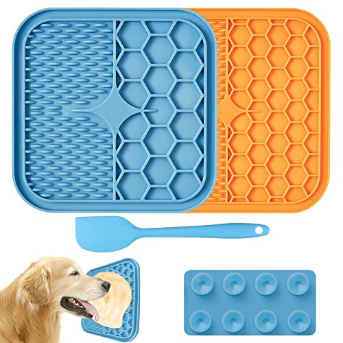 NANEEZOO Leckmatte Hund - BPA-Frei, 2er Pack Schleckmatte Hund mit Silikon Spatel, Hunde Leckmatte Gross mit Saugnapf - für Hunde Training, Fellpflege, Hundebaden& Klauenpflege (Blau + Orange) von NANEEZOO