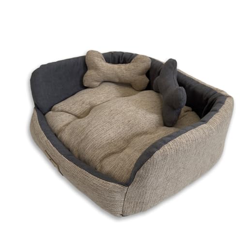 NANI'S CozyBone Haustierbett, Plüschtiere, gemütliches Bett, superweich, waschbares Kissen mit abnehmbarem Bezug, 45 x 40 x 18 cm (Baige/Anthrazitgrau) von NANI'S Pet Collection