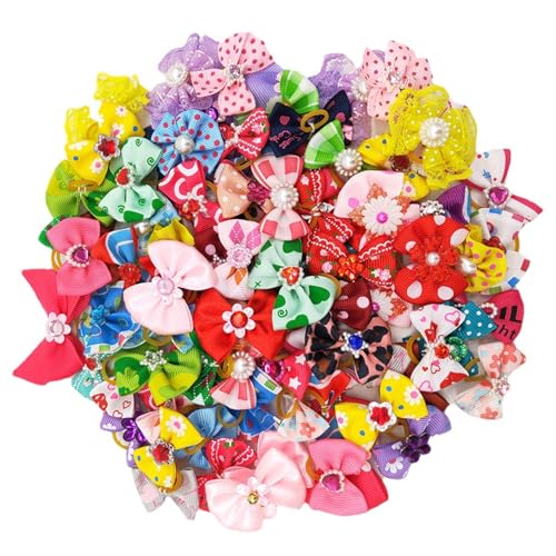 NASSMOSSE 50pcs Hundehaarbögen, süßes Hundezubehör Mädchen mit Gummibändern & Strass- und Perlendekor, perfekt für Katze, Welpen, Kätzchen, Kaninchenpflege von NASSMOSSE