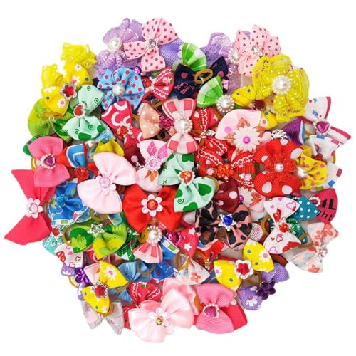 NASSMOSSE 50pcs Hundehaarbögen, süßes Hundezubehör Mädchen mit Gummibändern & Strass- und Perlendekor, perfekt für Katze, Welpen, Kätzchen, Kaninchenpflege von NASSMOSSE