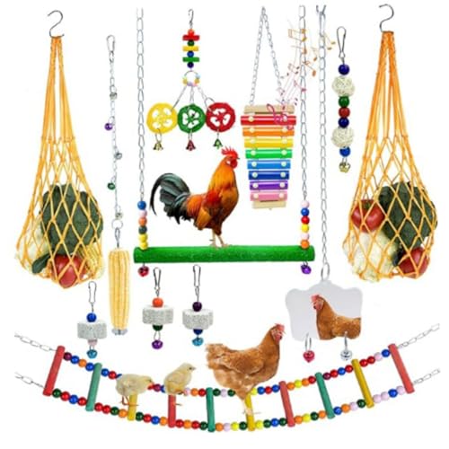 NASSMOSSE Hühnerspielzeug für Coop, 1 Set farbenfrohe, längerkettige Hühnchenanreicherungspflichten mit Xylophonschwung Flexibler Leiter -Saitenbeutel Gemüse Früchte Spießspiegel Schleifsteinpicking von NASSMOSSE