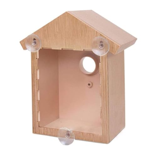 Vogelhaus aus Kunststoff, mit starkem Saugnapf und Sichtfenster, Einwegspiegel, Naturholzfarbe, klares Vogelhaus für Garten, Vogelgeschenke von NASSMOSSE