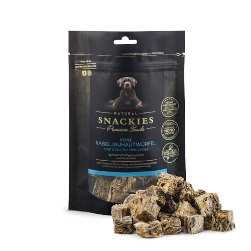 SNACKIES 16er-Pack (à 130g) Premium Snacks für Hunde, Feine Kabeljauhautwürfel ohne Zusatz von Getreide, Zucker, Farb-, Aroma- und Konservierungsstoffe, schonend luftgetrocknete Leckerli von NATURAL SNACKIES Premium Snacks