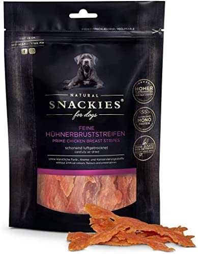 SNACKIES 16er-Pack (à 180g) Premium Snacks für Hunde, Feine Hühnerbruststreifen ohne Zusatz von Getreide, Zucker, Farb-, Aroma- und Konservierungsstoffe, schonend luftgetrocknete Leckerli von NATURAL SNACKIES Premium Snacks