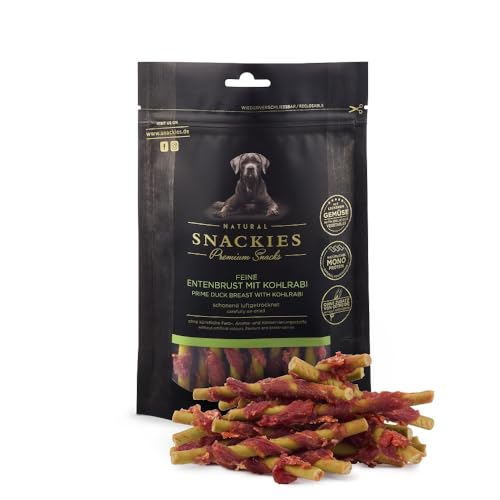 SNACKIES Premium Snacks für Hunde, ohne Zusatz von Getreide, Zucker, Farb-, Aroma- und Konservierungsstoffe, schonend luftgetrocknete Leckerli, Feine Entenbrust mit Kohlrabi 170g von NATURAL SNACKIES Premium Snacks