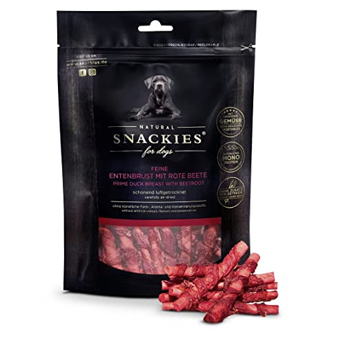 SNACKIES 16er-Pack (à 170g) Premium Snacks für Hunde, Feine Entenbrust mit roter Beete ohne Zusatz von Getreide, Zucker, Farb-, Aroma- und Konservierungsstoffe, schonend luftgetrocknete Leckerli von NATURAL SNACKIES Premium Snacks
