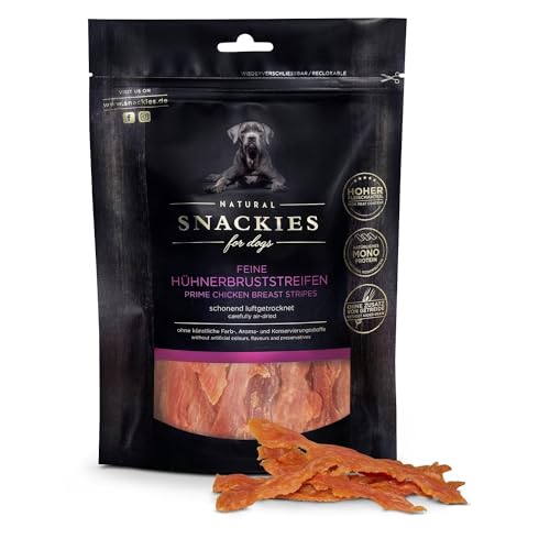 SNACKIES Premium Snacks für Hunde, ohne Zusatz von Getreide, Zucker, Farb-, Aroma- und Konservierungsstoffe, schonend luftgetrocknete Leckerli, Feine Hühnerbruststreifen 180g von NATURAL SNACKIES Premium Snacks