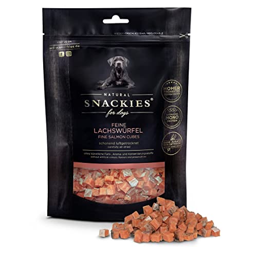 SNACKIES 16er-Pack (à 170g) Premium Snacks für Hunde, Feine Lachswürfel ohne Zusatz von Getreide, Zucker, Farb-, Aroma- und Konservierungsstoffe, schonend luftgetrocknete Leckerli von NATURAL SNACKIES Premium Snacks