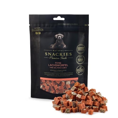 SNACKIES 16er-Pack (à 170g) Premium Snacks für Hunde, Feine Lachswürfel ohne Zusatz von Getreide, Zucker, Farb-, Aroma- und Konservierungsstoffe, schonend luftgetrocknete Leckerli von NATURAL SNACKIES Premium Snacks